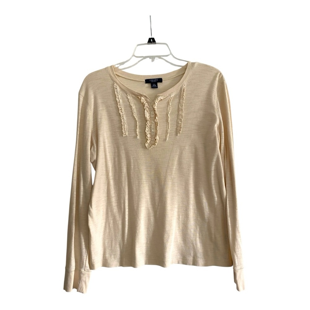 Chaps Cotton Ruffle Button Neck Long Sleeve Shirt Sz L Cream Color 100% Cotton
